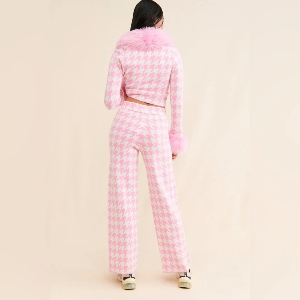 Show Me Your MuMu Pink Houndstooth Wide Leg Pants - Picture 2 of 8